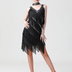 1920s Sequined Sleeveless Fringed Hem Dress