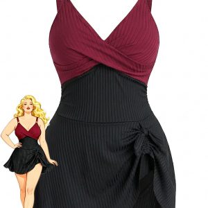 [Plus Size] 1930s Color Block Ribbed One-Piece Swimsuit