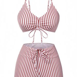 1930s Drawstring Straps Vertical Stripe Boxer Bikini