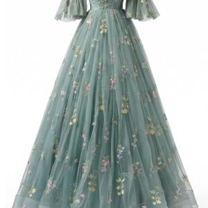 Green 1930s Off-Shoulder Floral Embroidered Tulle Maxi Dress