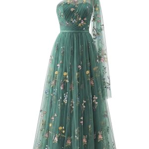 Green 1930s One-Shoulder Floral Embroidered Tulle Maxi Dress