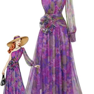 Purple 1930s Mesh One-Shoulder 3D Floral Evening Dress