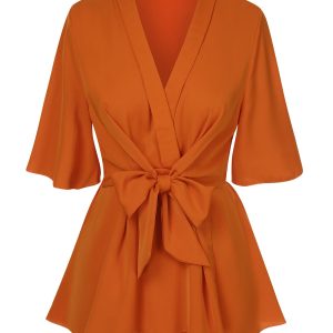 1930s Elegant Short-Sleeved Tie Waist Blouse