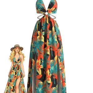 1930s Floral Halter Backless Slit Maxi Dress