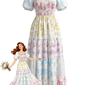 1930s Floral Lace Pleated Patchwork Maxi Dress