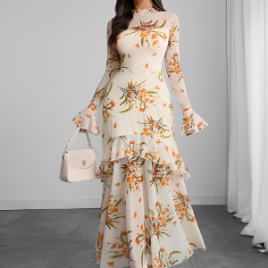1930s Floral Mesh Ruffle Maxi Dress