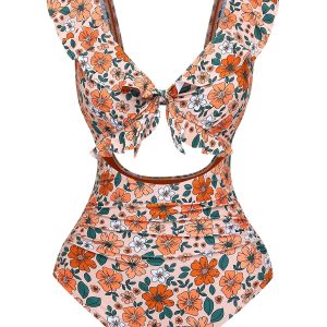 1930s Floral Ruffle Cutout Tie-Front One-Piece Swimsuit