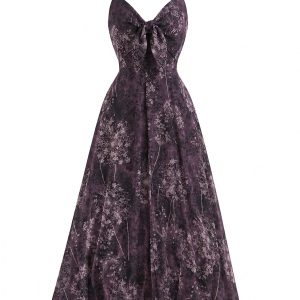 Purple 1930s Floral V-Neck Bohemian Slip Dress