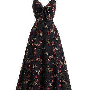 Black 1930s Rose V-Neck Bohemian Slip Dress