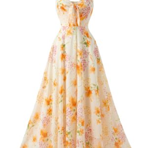 Yellow 1930s Floral V-Neck Bohemian Slip Dress