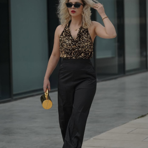 Gold 1930s Halter Neck Sequined Jumpsuit