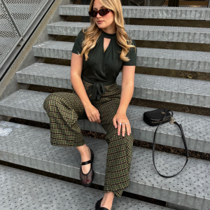 Green 1930s Plaid Keyhole Neck Belted Jumpsuit
