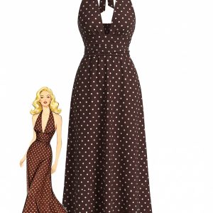 1930s Polka Dot Halter Deep V-Neck Maxi Dress