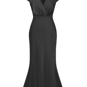 1930s Satin Solid V-Neck Fishtail Dress