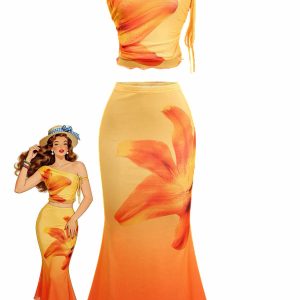 2PCS 1930s Lily Mesh One-Shoulder Crop Top & Mermaid Skirt