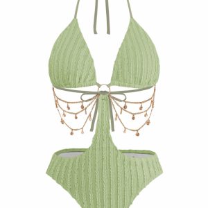Green 1930s Solid Metal Chain Cutout Swimsuit