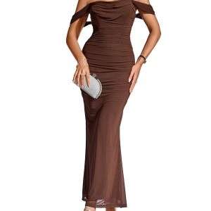 1930s Solid Off-Shoulder Bodycon Maxi Dress