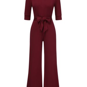 1930s Solid Rolled Collar Belted Jumpsuit