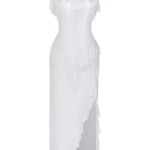 1930s Solid Ruffles Oblique Hem Bandeau Nightgown
