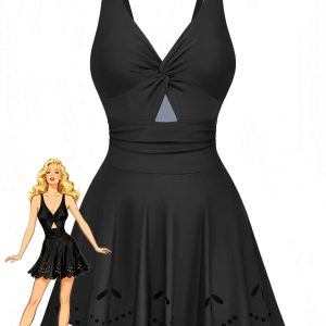 1930s Solid Twist Front Hollow One-Piece Swimdress