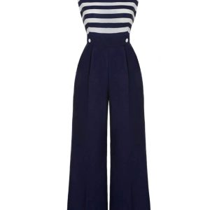 [Pre-Sale] Dark Blue 1930s Stripe Off-Shoulder Jumpsuit