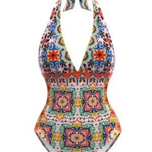 Multicolor 1930s Mediterranean Print Halter One-Piece Swimsuit