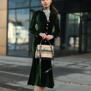 Green 1930s Velvet Pearl Lantern Sleeve Mermaid Dress