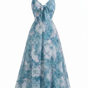 [Pre-Sale] Blue 1930s Watercolor Floral V-Neck Bohemian Slip Dress