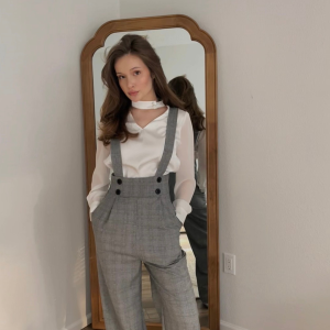 2PCS 1940s Satin Puff Sleeve Blouse & Glen Plaid Overall Pants