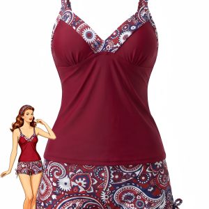 1970s Bohemian Strap V-Neck Tankini Set