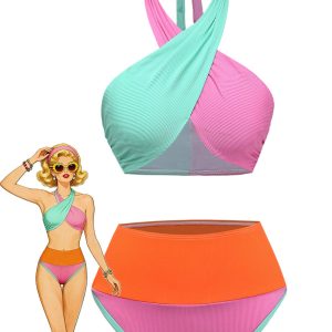 1940s Color-Block Halter High-Waisted Bikini Set