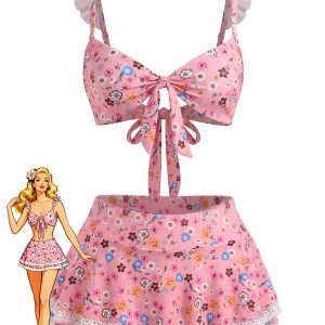 1940s Ditsy Floral Ruffle Strap Lace Trim Bikini Set