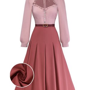 Dusty Pink 1940s Cotton Contrasted Keyhole Ruffled Dress