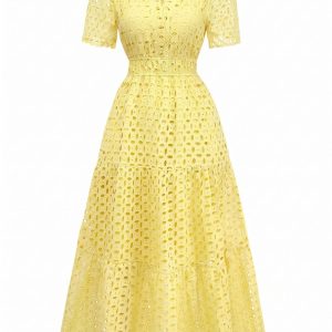 Yellow 1940s Eyelet Lace V-neck Tiered Maxi Dress