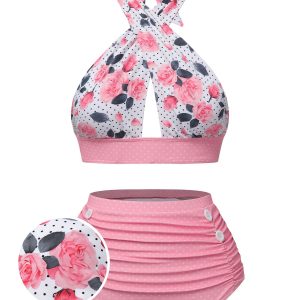 Pink 1940s Floral Cross Halter Swimsuit