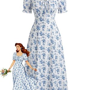 1940s Floral Puff Sleeve Midi Dress