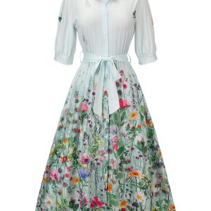 Light Blue 1940s Floral Shirt Neck Belt Dress