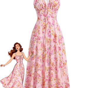 1940s Floral Spaghetti Strap Tie-Front Chiffon A-Line Dress