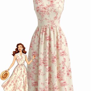 1940s Floral Stand Collar Lace Midi Dress