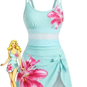1940s Floral Strappy Scoop-Neck Tie Mesh Swim Dress