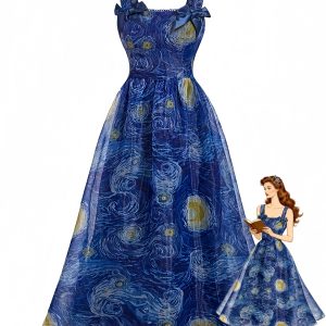 Blue 1940s Square Neck Starry Night Bow Swing Dress