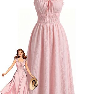 1940s Square Neck Textured Smoked Waist Ruffle Strap Dress