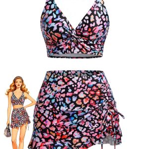 1940s Floral Twist Front Bikini Set & Ruffled Cover-Up