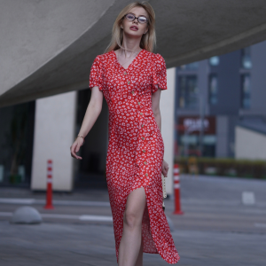 Red 1940s Floral V-Neck Added Button Dress
