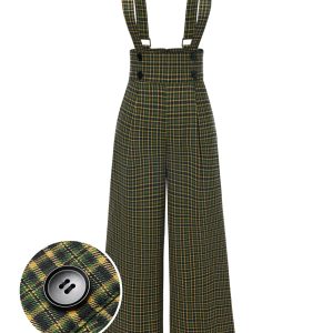 Green 1940s Glen Plaid Buttoned Overall Pants