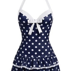 Blue 1940s Halter Dot Bow One-Piece Swimsuit