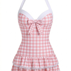 Light Pink 1940s Halter Gingham Bow One-Piece Swimsuit