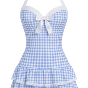 Light Blue 1940s Halter Polka Dots Bow One-Piece Swimsuit