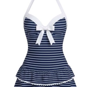 Blue 1940s Halter Stripe Bow One-Piece Swimsuit
