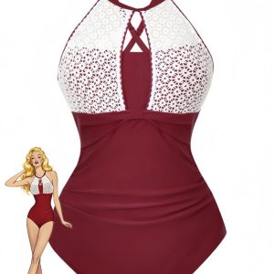 1940s Lace Patchwork Halter One-Piece Swimsuit
